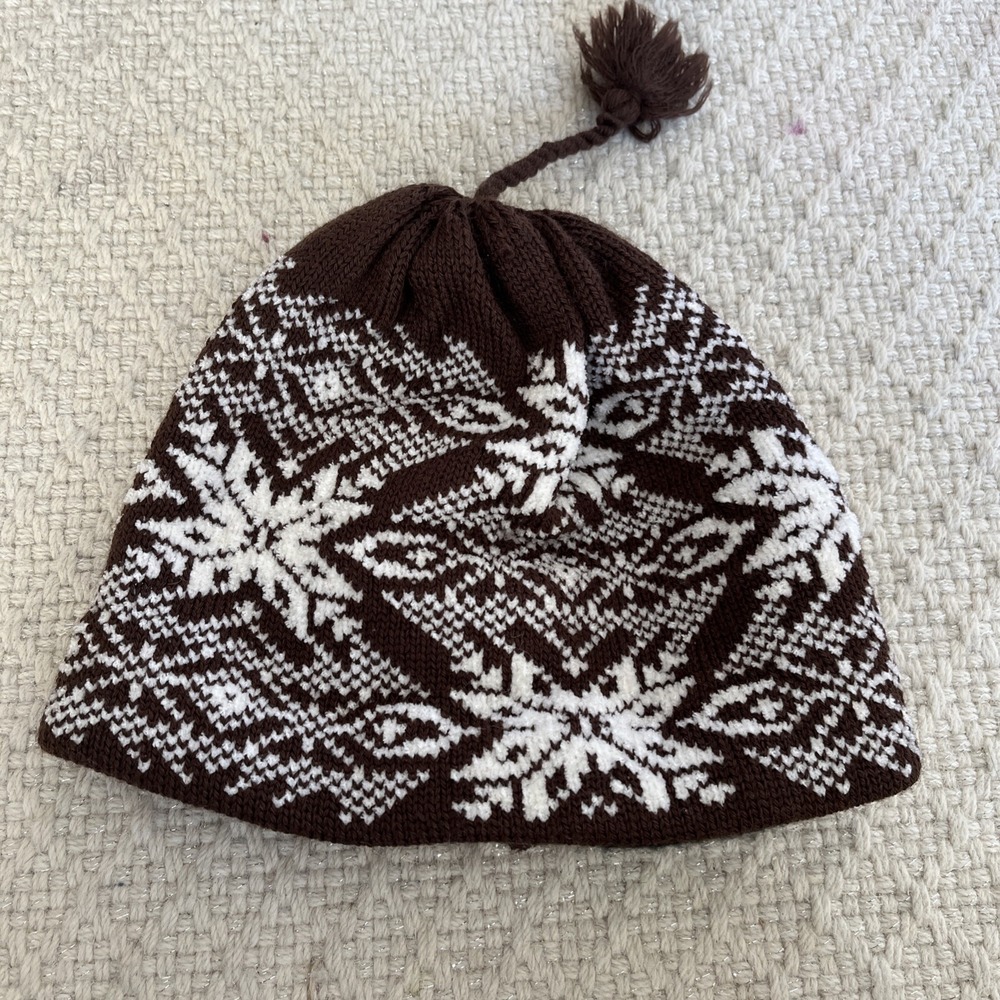 Turtle Fur Fair Isle Beanie Hat Adult Ponytail Brown Wool Blend USA Winter Ski